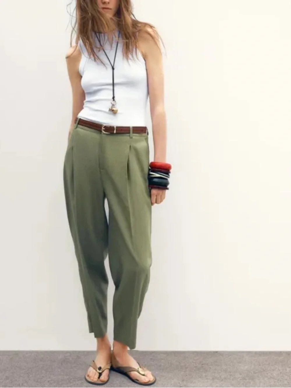 Zara NWT linen belted straight leg trousers green 2753/128